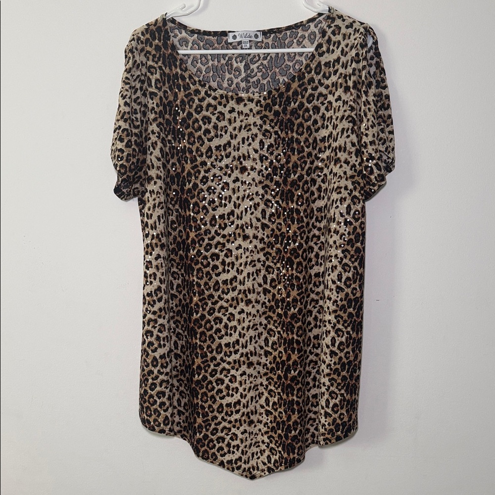Wilde Women’s Leopard Print Sequin Open Short Sleeve‎ Top Plus Size 2X